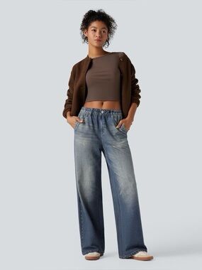 HALARA Mid Rise Denim Print French Terry Casual Sweatpants Jeans w/Pockets🔥Large